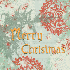 Merry Christmas greeting card square, text only on mixed media collage background, with doily, christmas tree and other elements