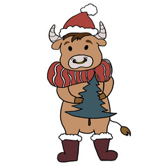 Cattle in santa hat with fir tree. Hand drawn illustration of cute bull in santa hat, scarf and boots with christmas tree. Isolated on white background. Symbol of the 2021 year. Merry Christmas card.