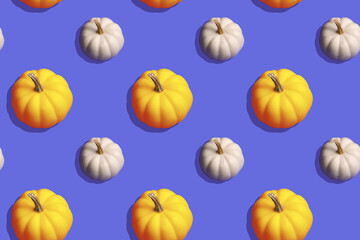 Orange and white pumpkins isolated on violet backdrop. Cutout. Seamless pattern for print. Halloween and thanksgiving day decorations. Hard shadows