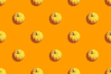 Orange pumpkins isolated on orange backdrop. Cutout. Pattern for print. Halloween and thanksgiving day decorations. Hard shadows