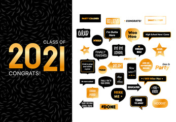 Photo booth props for graduation party. Congrats grad with funny quotes vector illustration. Stickers with types