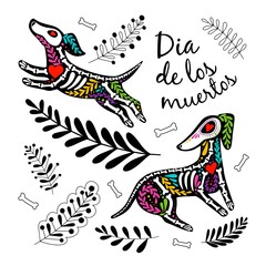 Vector colorful postcard. Dia de los Muertos, Day of the dead or Halloween concept. Dog skeletons with floral design, isolated on white background