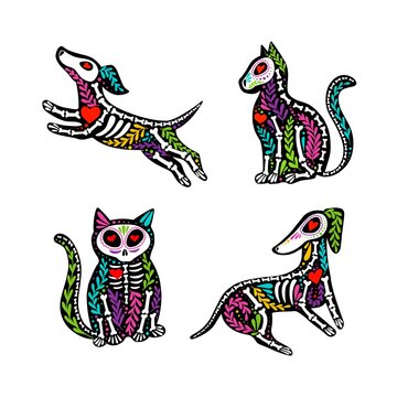 Vector colorful set of stickers. Dia de los Muertos, Day of the dead or Halloween concept. Dog and cat skeletons with floral design, isolated on white background