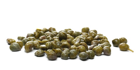 Capers, edible flower buds pile isolated on white background