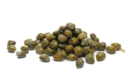Capers, edible flower buds pile isolated on white background