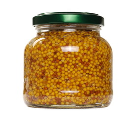 French pickled mustard seeds in glass jar isolated on white background
