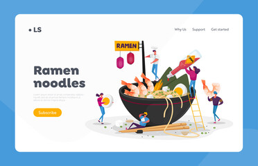 Asian Food Landing Page Template. Tiny Characters Cooking and Eating Ramen or Pasta, People Put Condiments in Huge Bowl