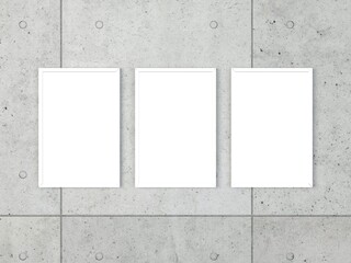 Set of 3 Vertical White Frames hang on Concrete wall. Mock-up and Template for art, design, photography, illustration and painting. Interior, Gallery, museum and exhibition.