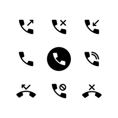 Phone activity icon in black. Rejected, missed, incoming and outgoing call. Vector on isolated white background. EPS 10
