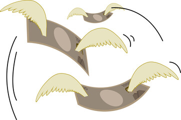 可愛い羽の生えた可愛いお金が飛んでいくイラスト