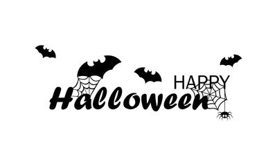 Happy Halloween banner in black. Calligraphy text design. Spiders and bats. Celebration party. Vector on isolated white background. EPS 10