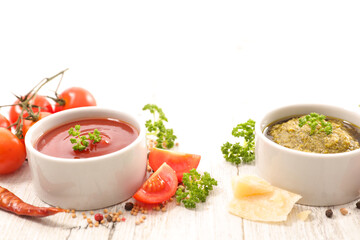 tomato sauce and pesto sauce with fresh ingredient