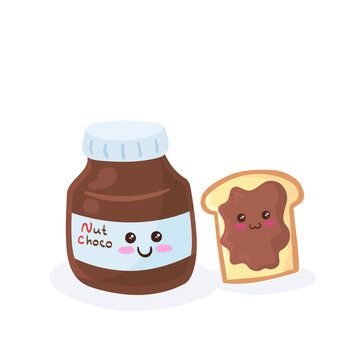 Kawaii Chocolate Hazelnut Spread Jar & Happy Loaf of White Bread smiling together. Cute funny breakfast sandwich character hand drawn vector illustration in cartoon doodle style. Kids menu concept.