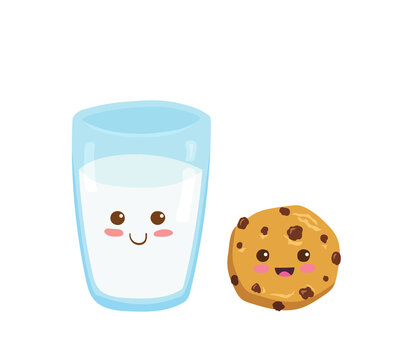 Milk glass & happy cookie with chocolate chips cartoon characters. Vector kawaii drink illustration in cute cartoon style isolated on white background. Funny happy & smiling kids menu elements.