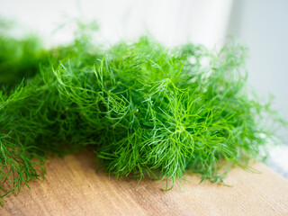Bunch of fresh dill on a wooden cutting board