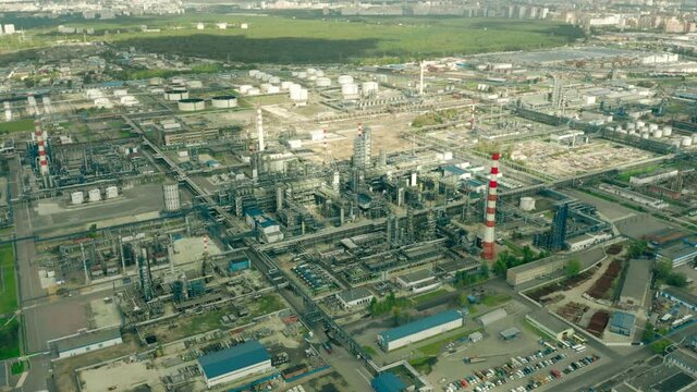 Aerial hyperlapse of a modern petroleum refinery