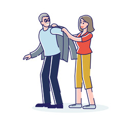 Volunteer woman helping elder gray haired man. Young female caring of old gentleman