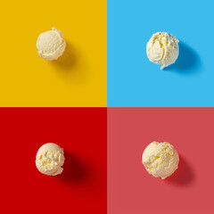 fresh vanilla flavor ice cream balls on multi color background