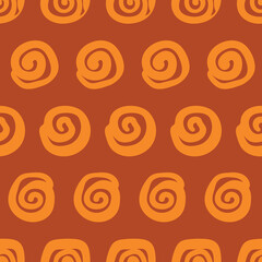 Cinnamon rolls seamless vector polka dots pattern. Pastry themed surface print design for fabrics, stationery, scrapbook paper, gift wrap, textiles, and packaging.