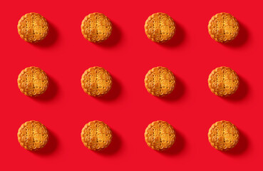 translation of the Chinese to English-lotus seed paste with yolk-seamless pattern of traditional mooncake on red no logo or trademark