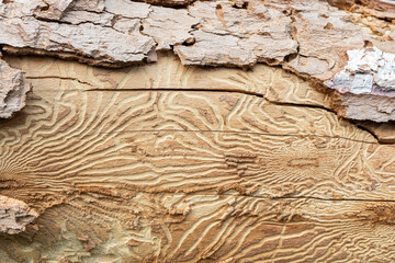 Closeup imprint of bark beetle under piece of bark. tree was eaten by bark beetle