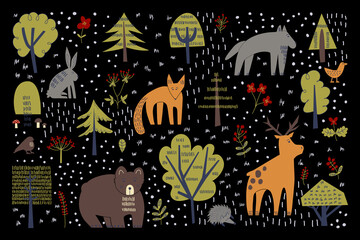 Fototapeta na wymiar Set of forest animals in flat style. Childish vector illustration on dark background
