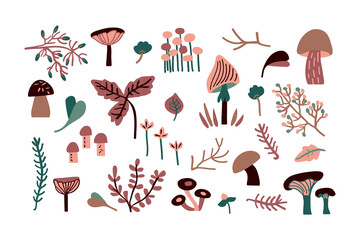 Autumn set of different forest elements.  Vector childish illustration with mushrooms, branches, berries, plants