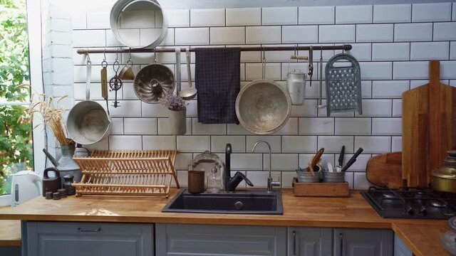 kitchen interior with vintage accessories. house is in retro style.