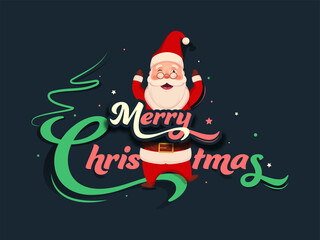 Paper Cut Merry Christmas Font with Cartoon Santa Claus Winking on Teal Blue Background.