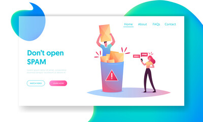 Error and Spam Notification Landing Page Template. Tiny Male Character Sitting in Huge Litter Bin Holding Envelope
