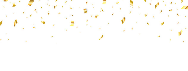 Golden confetti long banner. Celebration background with gold confetti. Shiny party card. Bright festive tinsel. Luxury glitter holiday design elements. Vector illustration