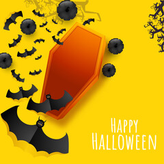 Happy Halloween Poster Design with Top View of Coffin Box, Black Pumpkins, Bare Trees and Flying Bats Group on Yellow Background.