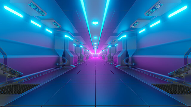 Realistic spaceship sci-fi corridor background, 3D render.