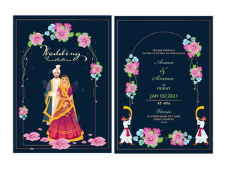 Floral Wedding Invitation Card Design Set with Indian Couple Image and Venue Details.