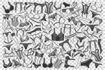 Fototapeta premium Underwear doodle set. Collection of hand drawn sketches templates patterns of male female clothing pants bra lingerie on transparent background. Fashionable casual outfit and shopping illustration.