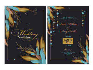 Wedding Invitation Card with Event Details in Front and Back View.