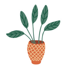 Fototapeta na wymiar Houseplant in a flower pot decorated with ornaments. Leaves on long stems. Vector hand drawn illustration isolated on white background. Flat style.