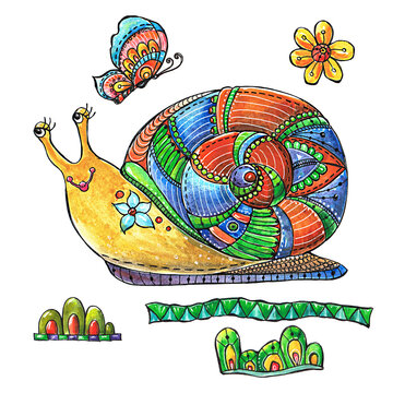Funny snail.Illustration with snail.Watercolor painting.Hand drawn.Set with snail and flowers.