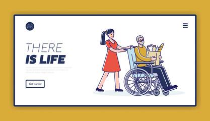 Volunteering girl helping old man on wheelchair with grocery shopping, template landing page