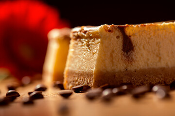 Belgian Chocolate Cheesecake. Detailed closeup macro food background.