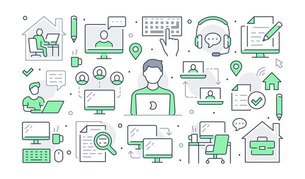 Work from home concept with line icons. Vector horizontal illustration included icon as freelance worker with laptop, workplace, pc monitor, business man green pictogram for remote job brochure