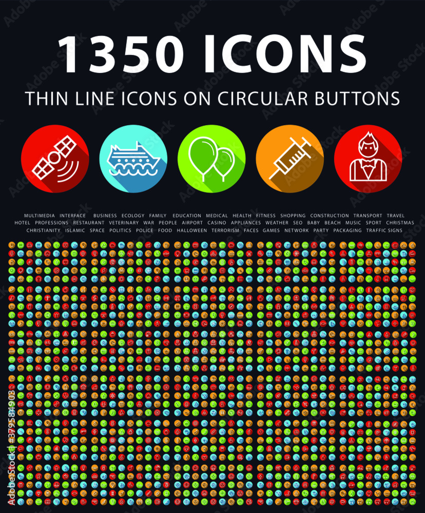 Poster set of high quality universal icons with shadows on colorful buttons on black background . isolated 
