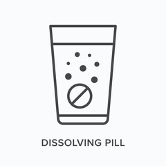 Dissolve pill flat line icon. Vector outline illustration of effervescent medicine in glass of water with bubbles. Medical thin linear pictogram