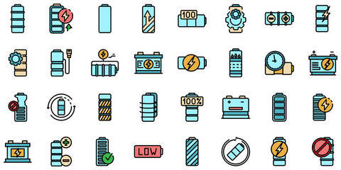 Battery icons set. Outline set of battery vector icons thin line color flat on white