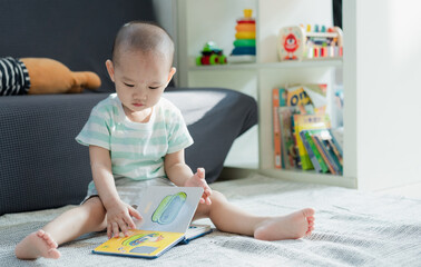 Fototapeta premium A little boy sitting on the carpet reading an early childhood picture book