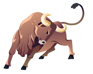 Aggressive bull character, wild animal in rage vector