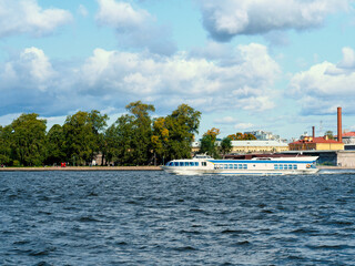 Saint-Petersburg. Speed boat taxi sailing on the river Neva