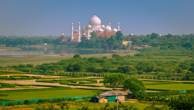 Top view of The Taj Mahal ,ivory-white marble mausoleum in the Indian city of Agra.