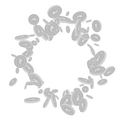 Indian rupee coins falling. Scattered black and wh