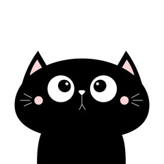 Black cat face head icon. Cute cartoon character. Kawaii animal. Black silhouette. Baby card. Big eyes. Flat design. Notebook cover, tshirt, greeting card, sticker print. White background.